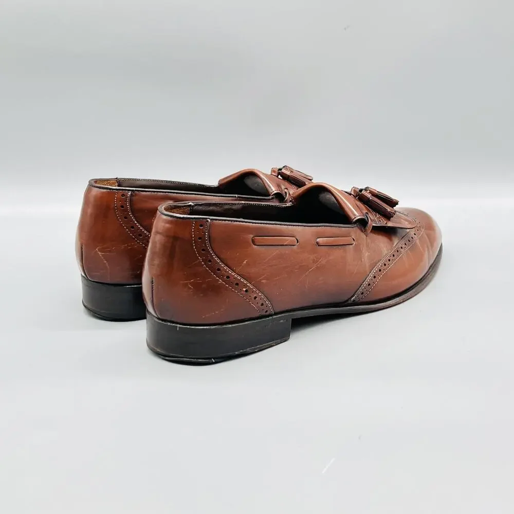 Johnston & Murphy Shoes Mens 9.5 Vintage Brown Leather Kiltie Tassel Loafers